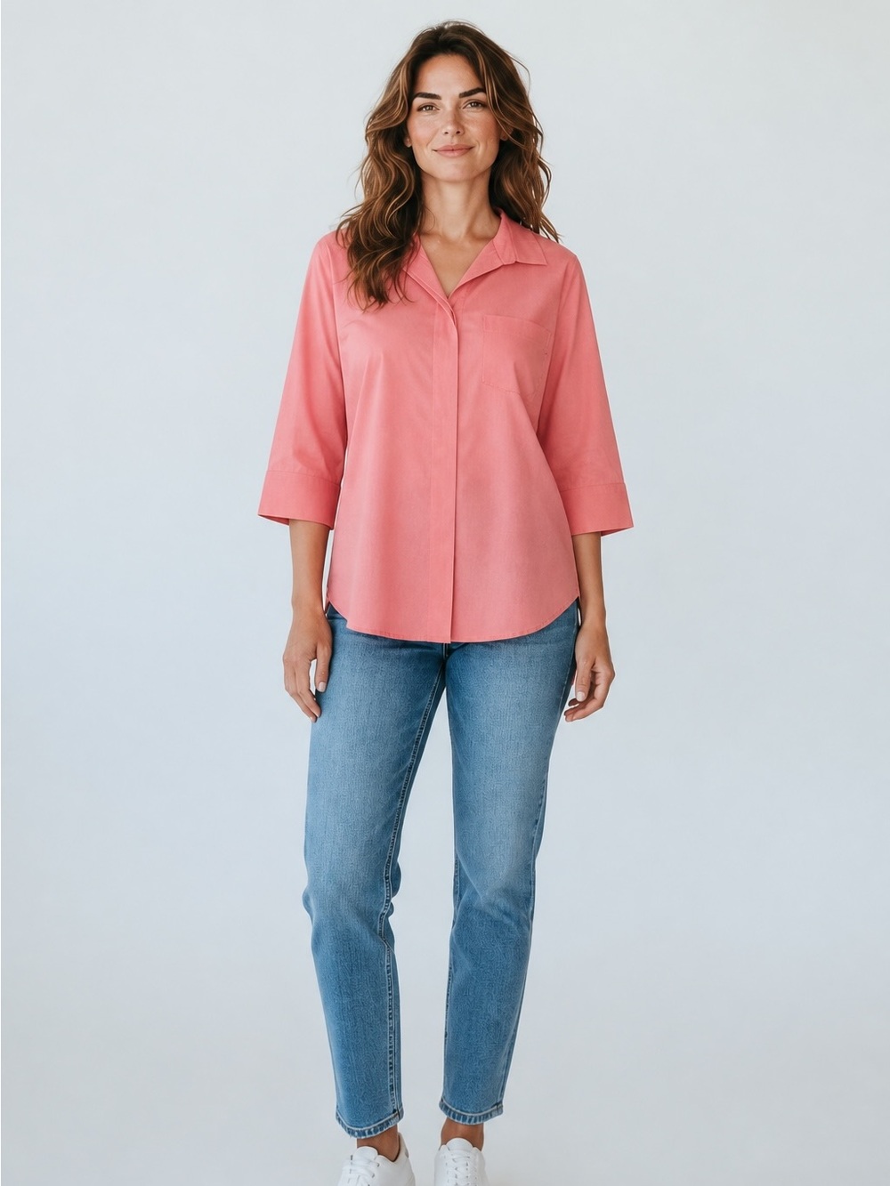 Chicos Women’s Size 4-6 No Iron Hidden Button Up 3/4 Sleeve Shirt Pink